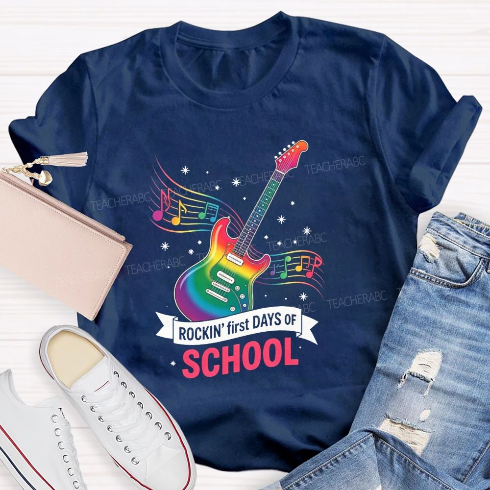 Rockin' First Days Of School Rainbow Electric Guitar Music Teacher T-shirt