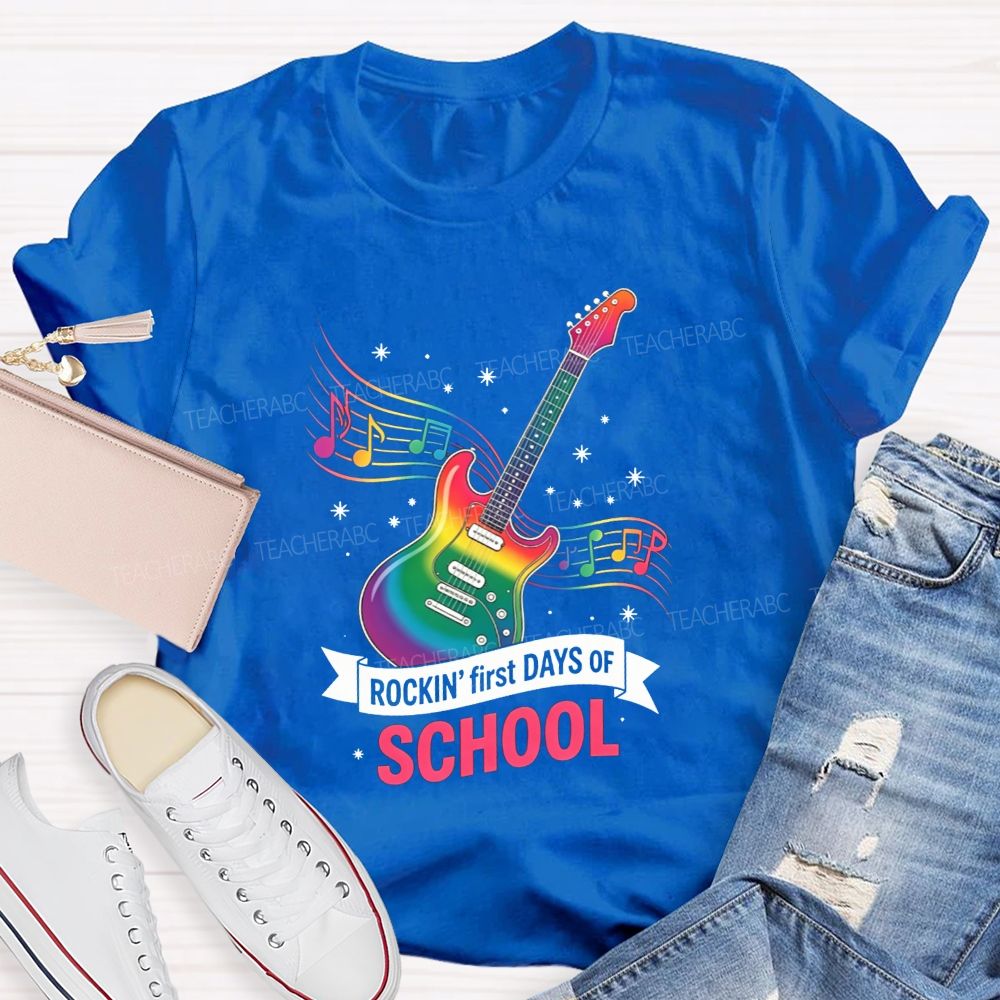 Rockin' First Days Of School Rainbow Electric Guitar Music Teacher T-shirt