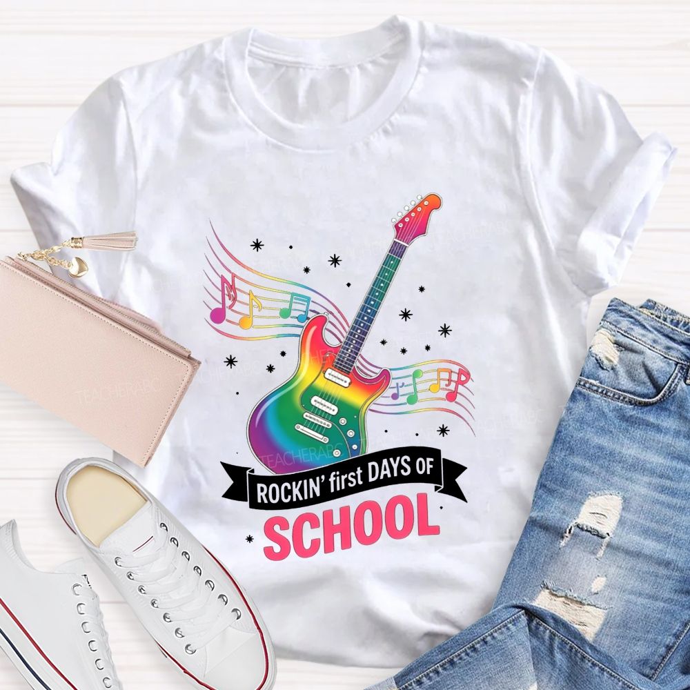 Rockin' First Days Of School Rainbow Electric Guitar Music Teacher T-shirt