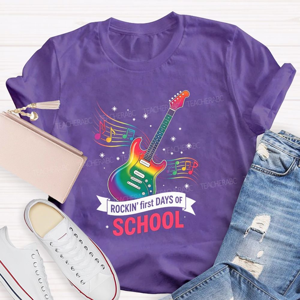 Rockin' First Days Of School Rainbow Electric Guitar Music Teacher T-shirt