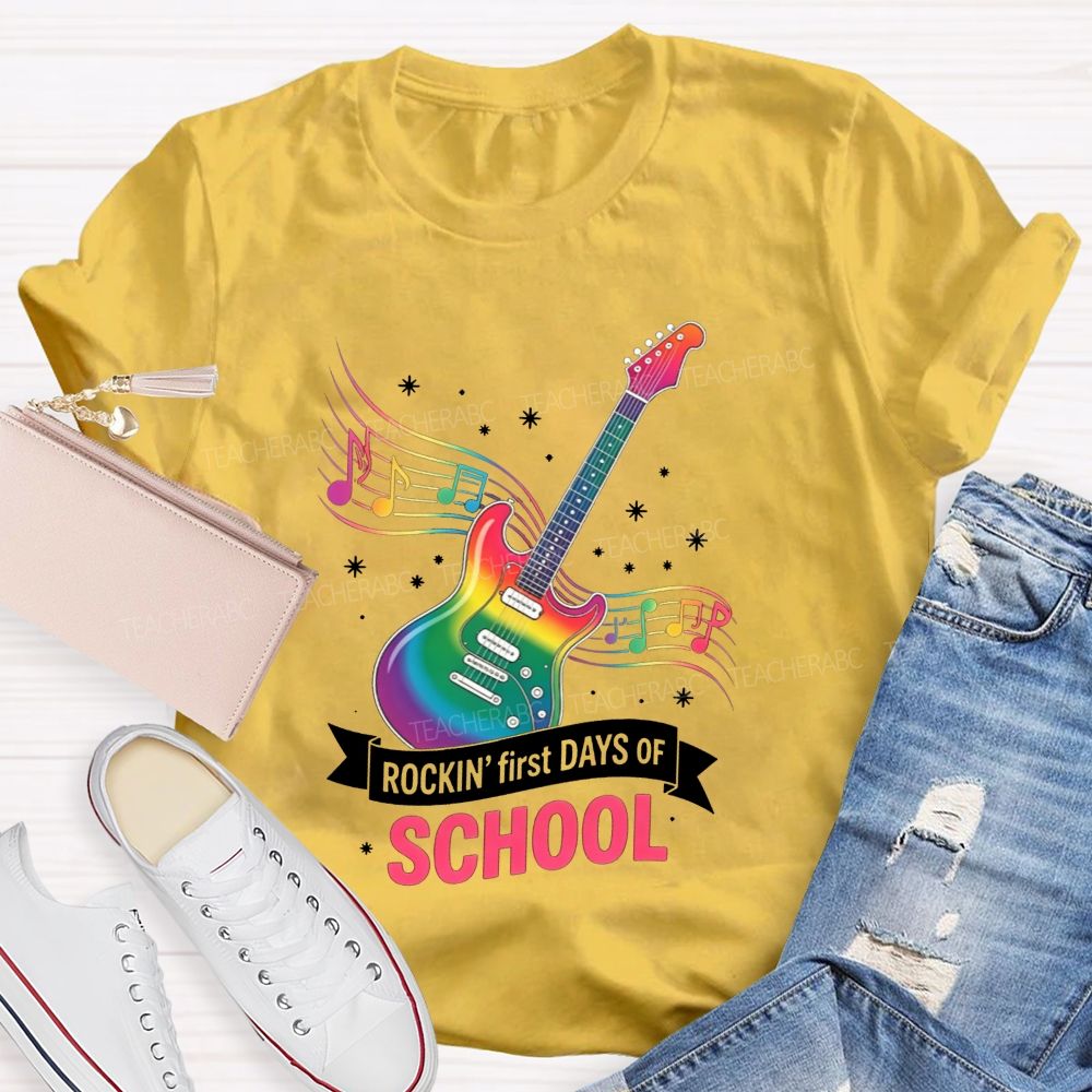 Rockin' First Days Of School Rainbow Electric Guitar Music Teacher T-shirt