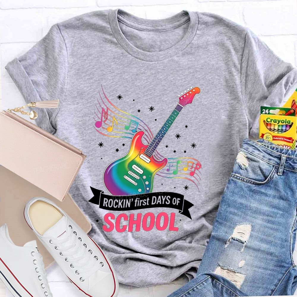 Rockin' First Days Of School Rainbow Electric Guitar Music Teacher T-shirt