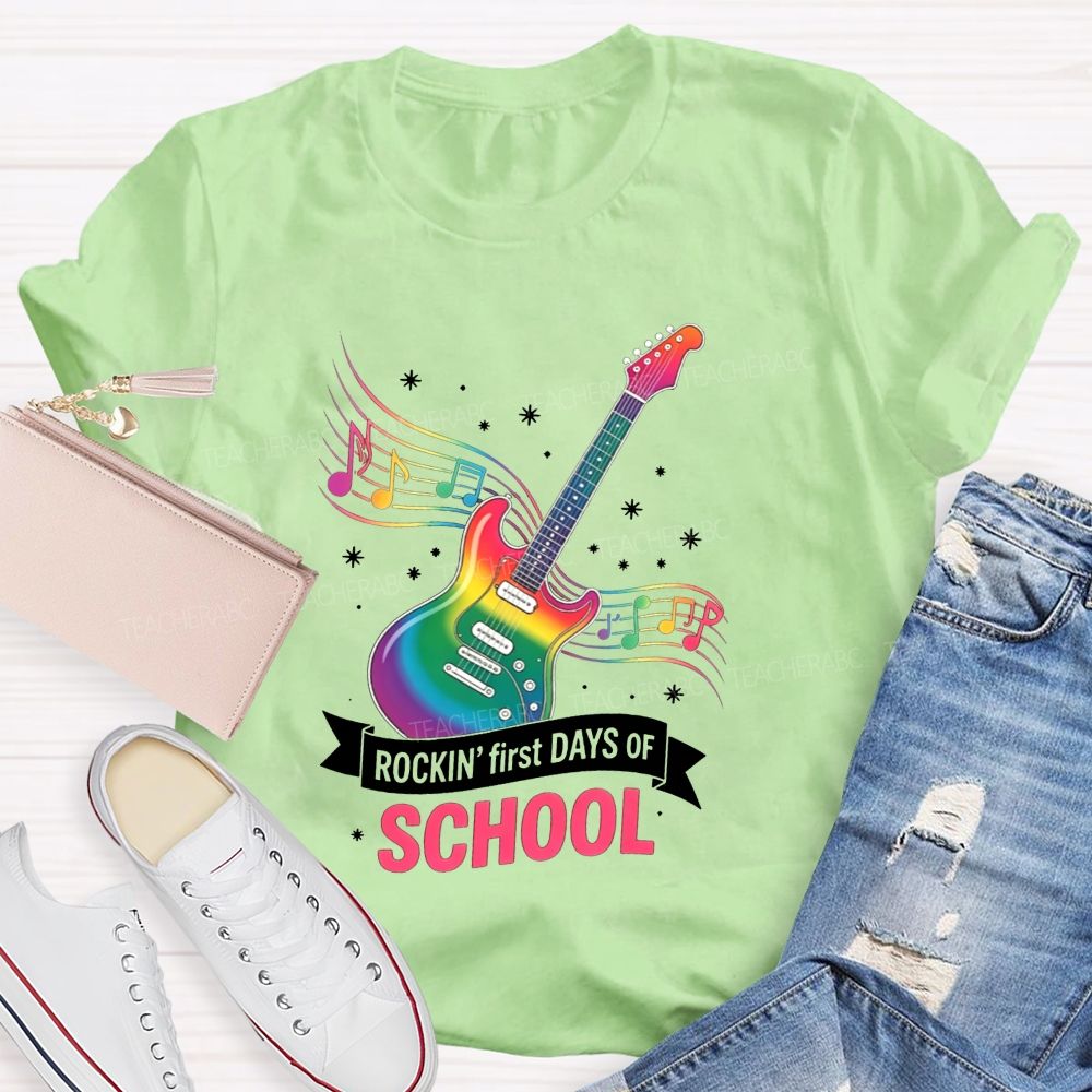 Rockin' First Days Of School Rainbow Electric Guitar Music Teacher T-shirt