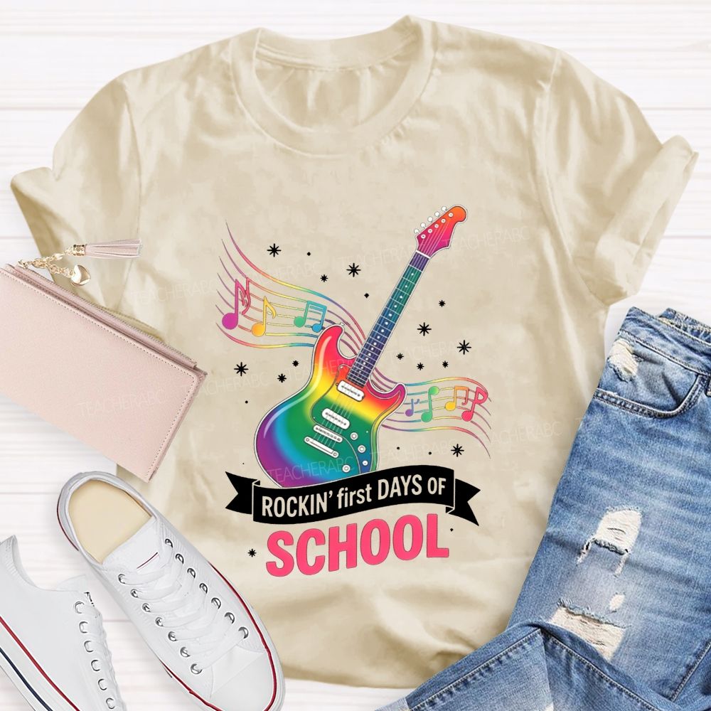 Rockin' First Days Of School Rainbow Electric Guitar Music Teacher T-shirt