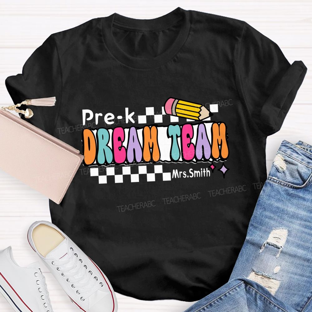 Personalized Grade And Name Dream Team Checkerboard Pencil Teacher T-Shirt