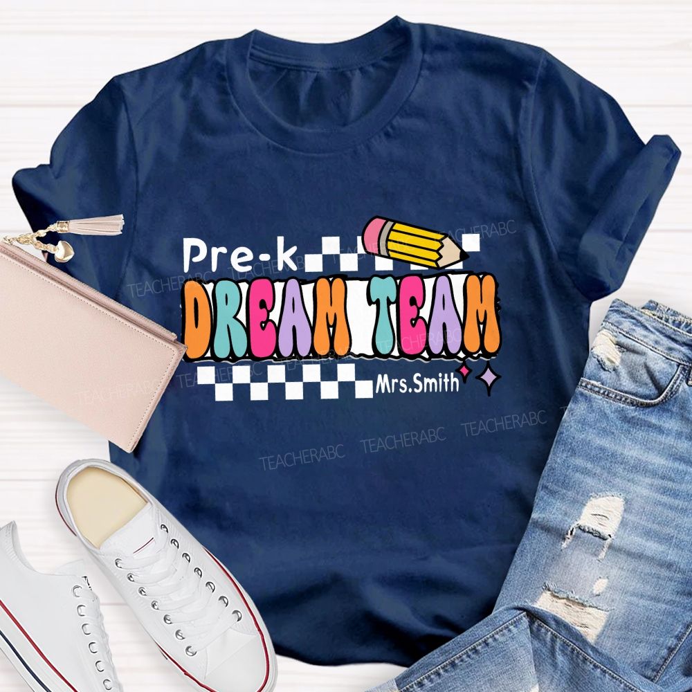 Personalized Grade And Name Dream Team Checkerboard Pencil Teacher T-Shirt