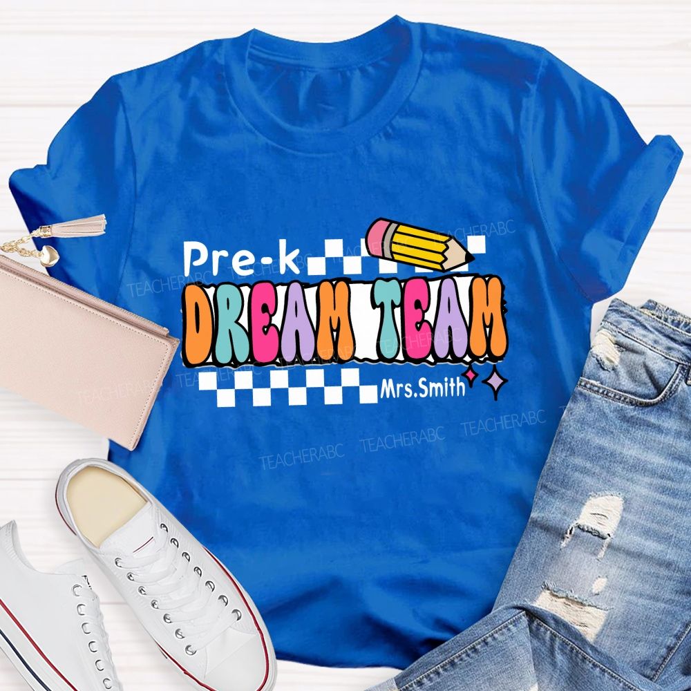 Personalized Grade And Name Dream Team Checkerboard Pencil Teacher T-Shirt
