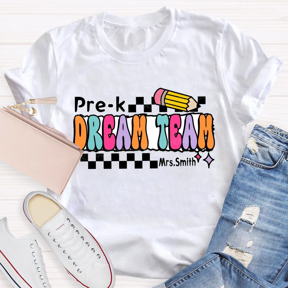Personalized Grade And Name Dream Team Checkerboard Pencil Teacher T-Shirt