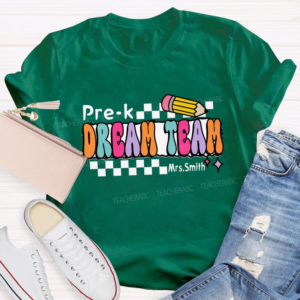 Personalized Grade And Name Dream Team Checkerboard Pencil Teacher T-Shirt