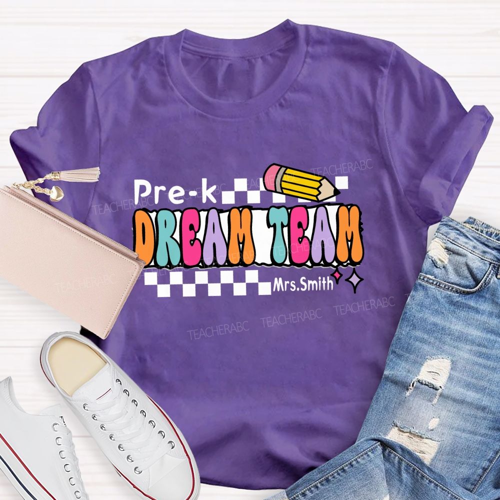 Personalized Grade And Name Dream Team Checkerboard Pencil Teacher T-Shirt