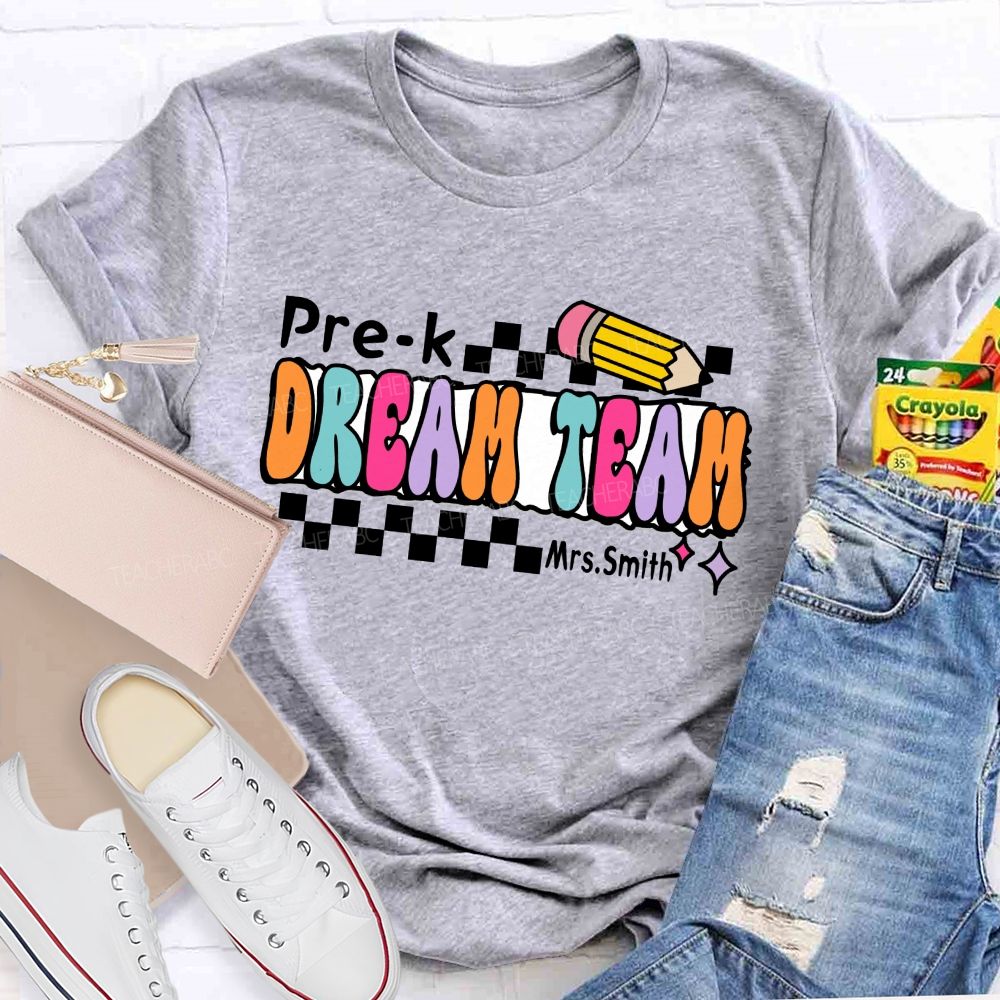 Personalized Grade And Name Dream Team Checkerboard Pencil Teacher T-Shirt