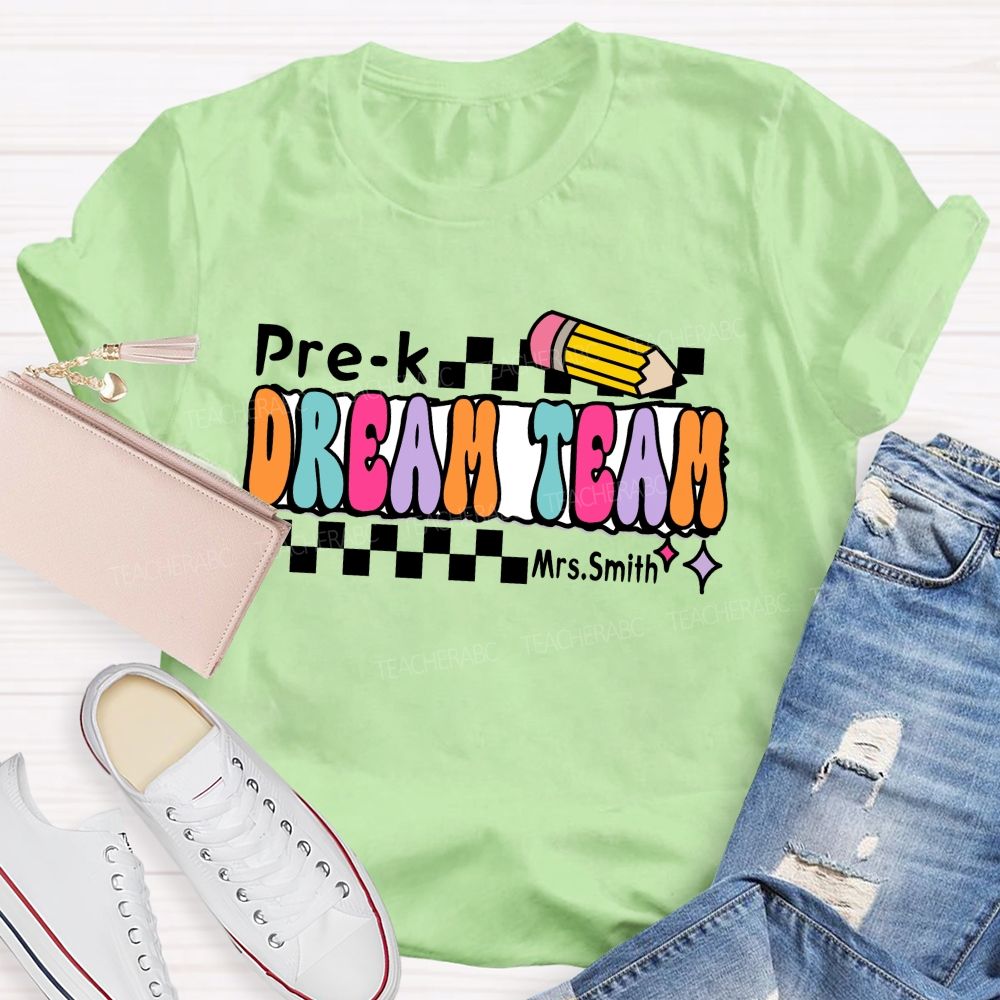 Personalized Grade And Name Dream Team Checkerboard Pencil Teacher T-Shirt