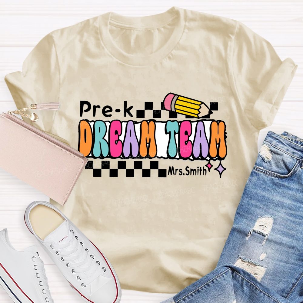 Personalized Grade And Name Dream Team Checkerboard Pencil Teacher T-Shirt
