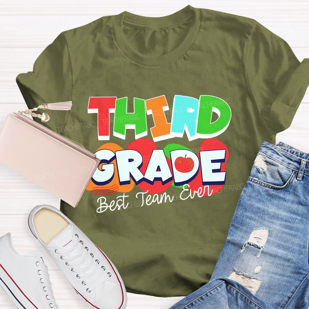 Personalized Grade Best Team Ever Colorful Letters Apple Teacher T-Shirt