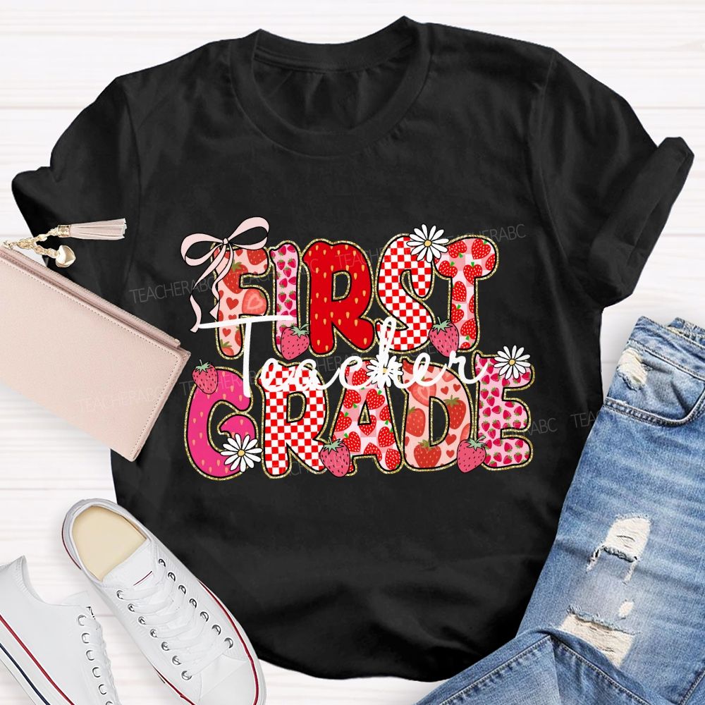 Personalized grade Pink Gingham Strawberry Teacher T-shirt