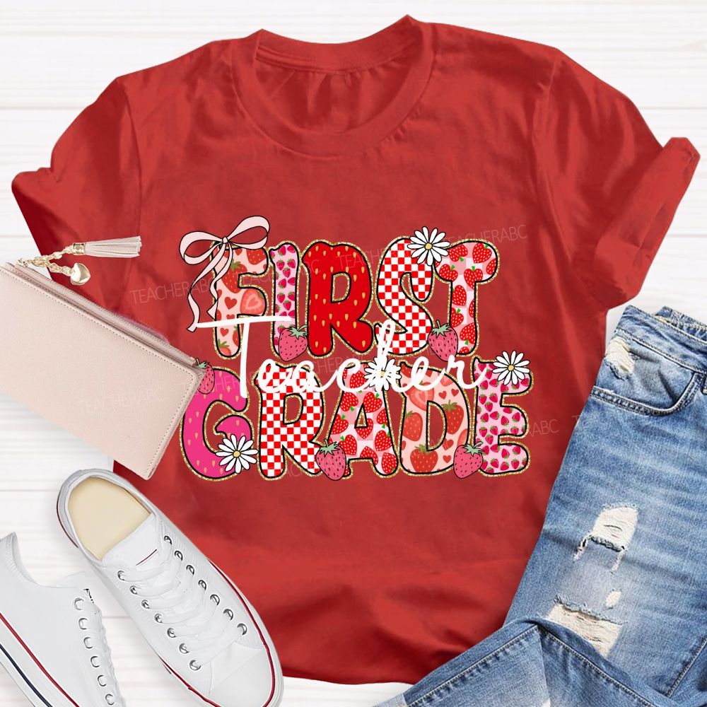 Personalized grade Pink Gingham Strawberry Teacher T-shirt