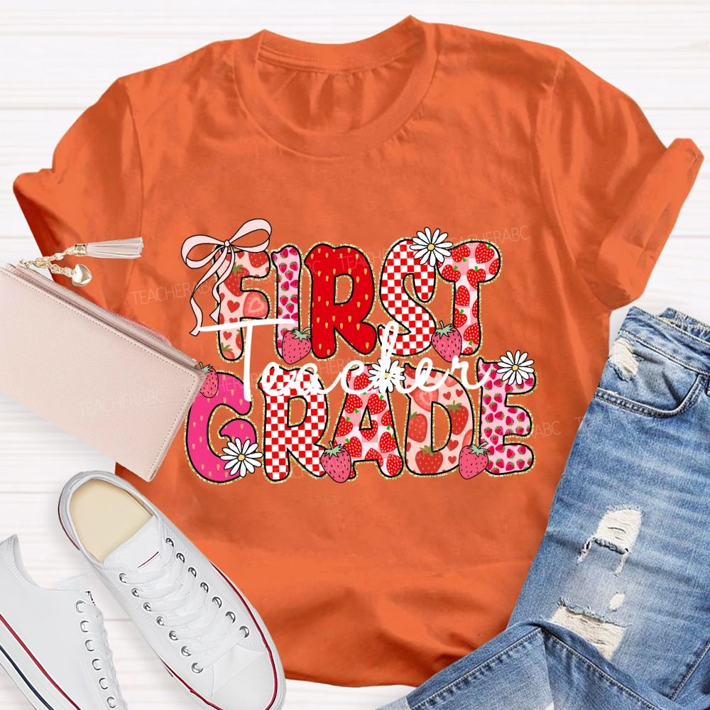 Personalized grade Pink Gingham Strawberry Teacher T-shirt
