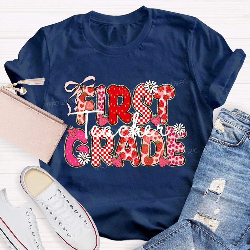 Personalized grade Pink Gingham Strawberry Teacher T-shirt
