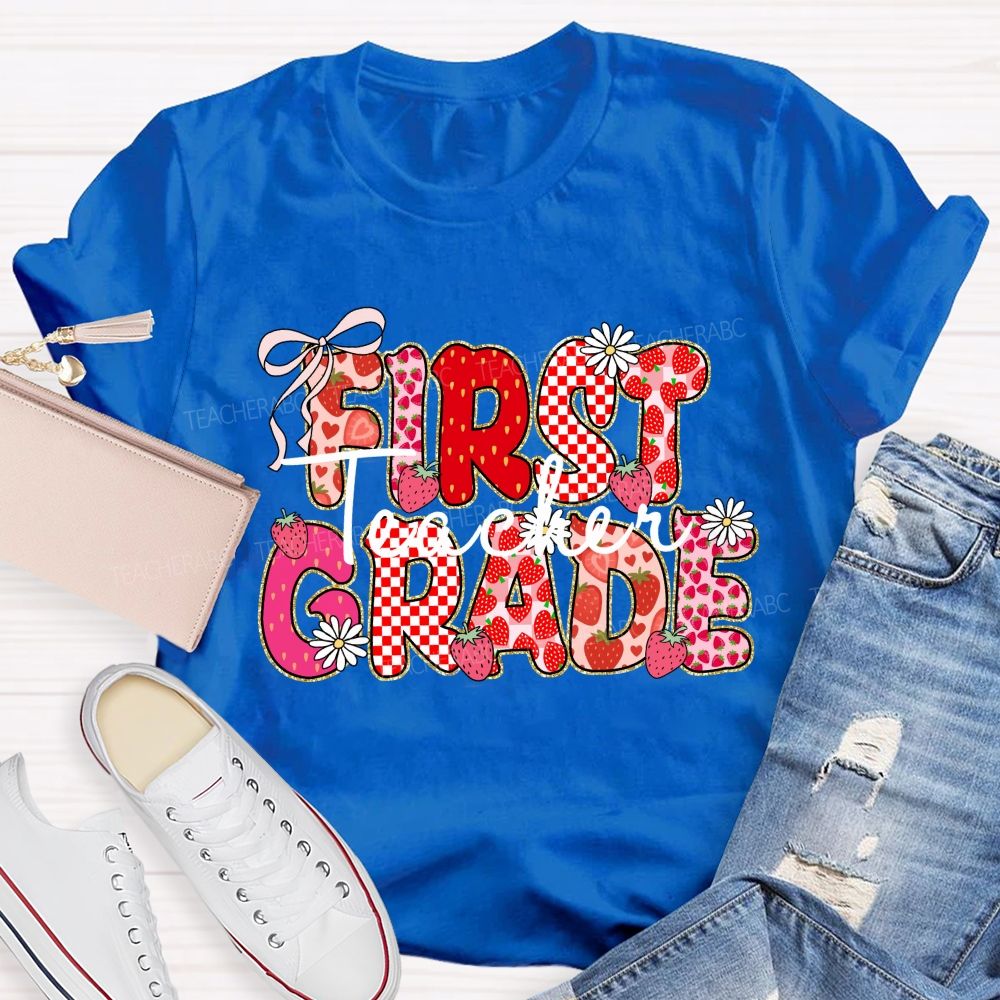 Personalized grade Pink Gingham Strawberry Teacher T-shirt