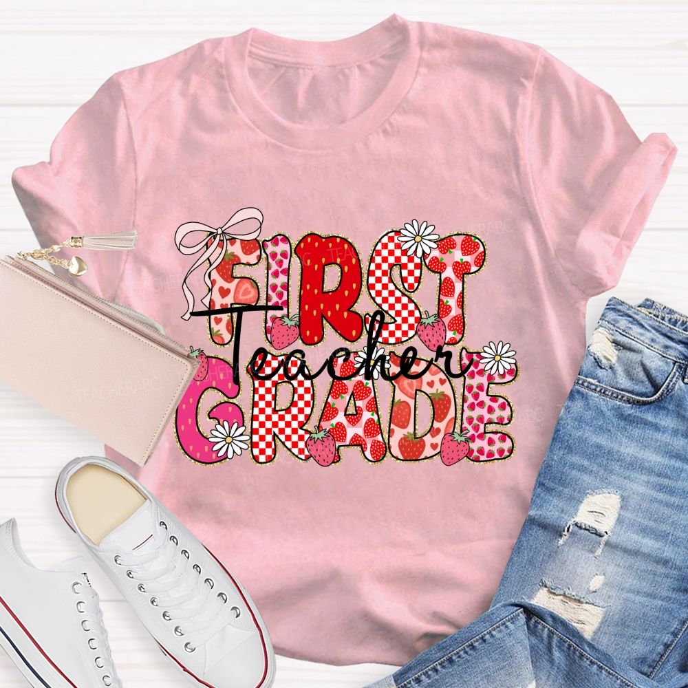 Personalized grade Pink Gingham Strawberry Teacher T-shirt