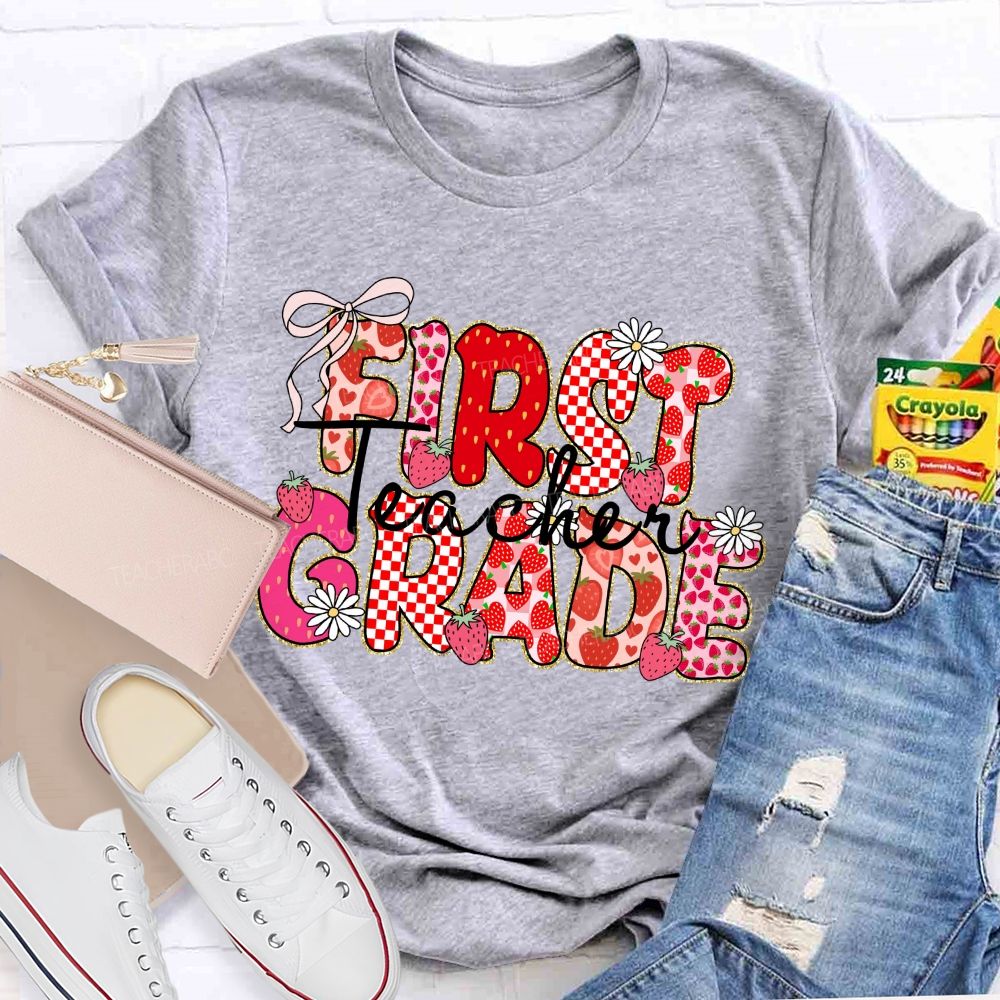 Personalized grade Pink Gingham Strawberry Teacher T-shirt