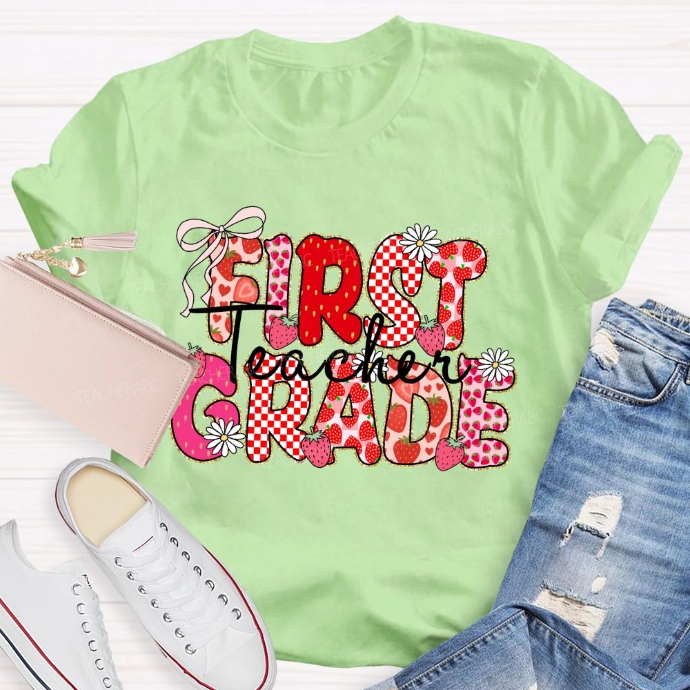 Personalized grade Pink Gingham Strawberry Teacher T-shirt