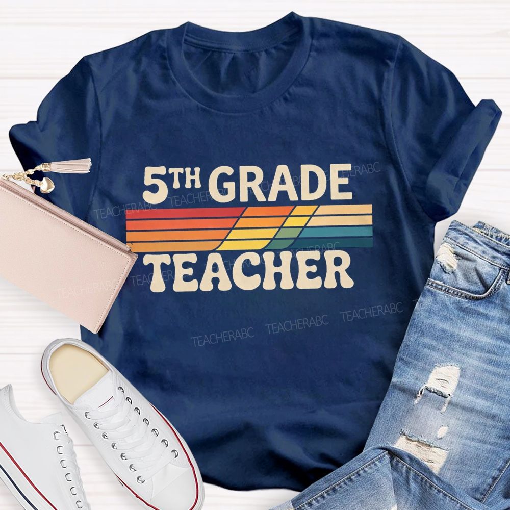 Personalized grade Minimalist-Style Print With Colorful Stripes Teacher T-shirt