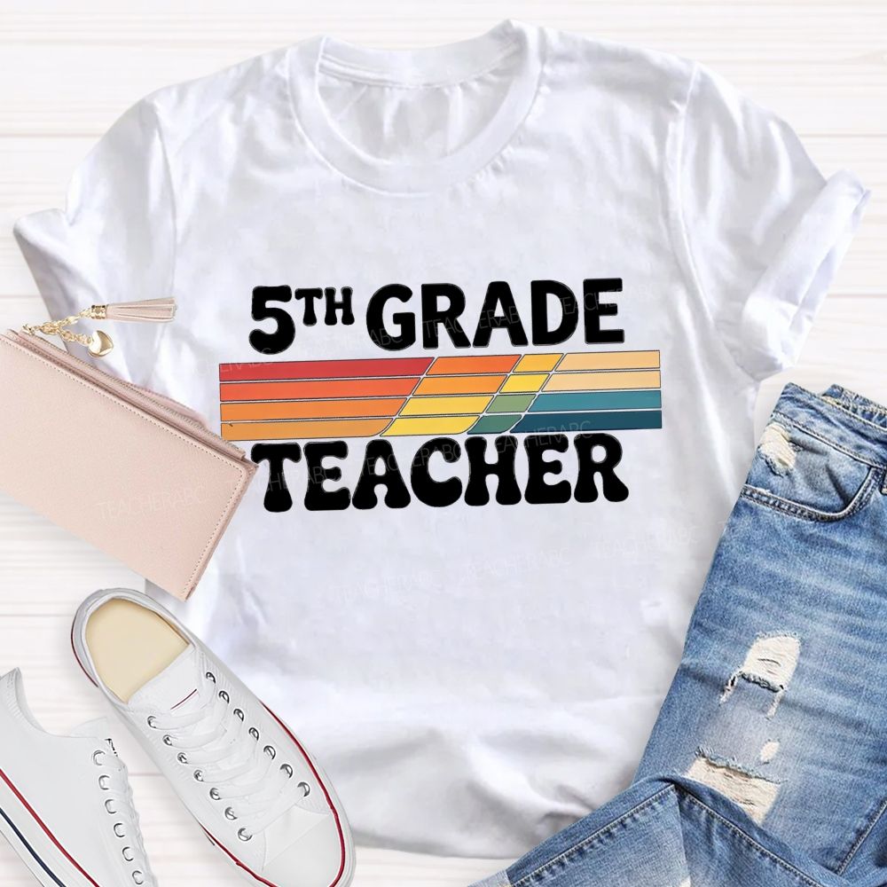 Personalized grade Minimalist-Style Print With Colorful Stripes Teacher T-shirt