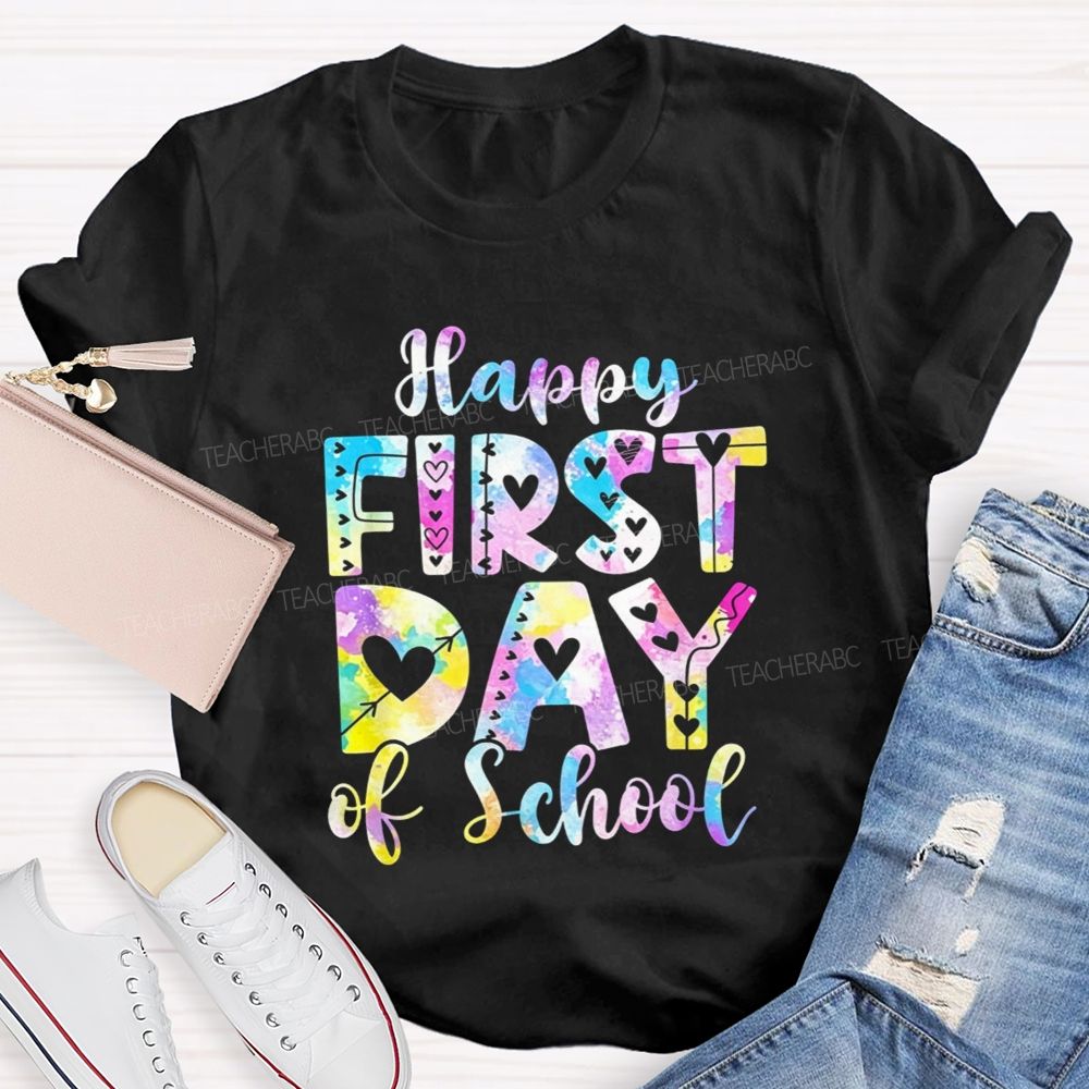 Watercolor Tie Dye Happy First Day Of School Hearts Teacher T-shirt