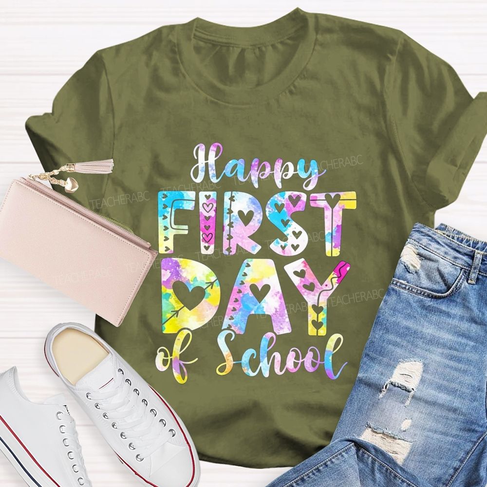 Watercolor Tie Dye Happy First Day Of School Hearts Teacher T-shirt