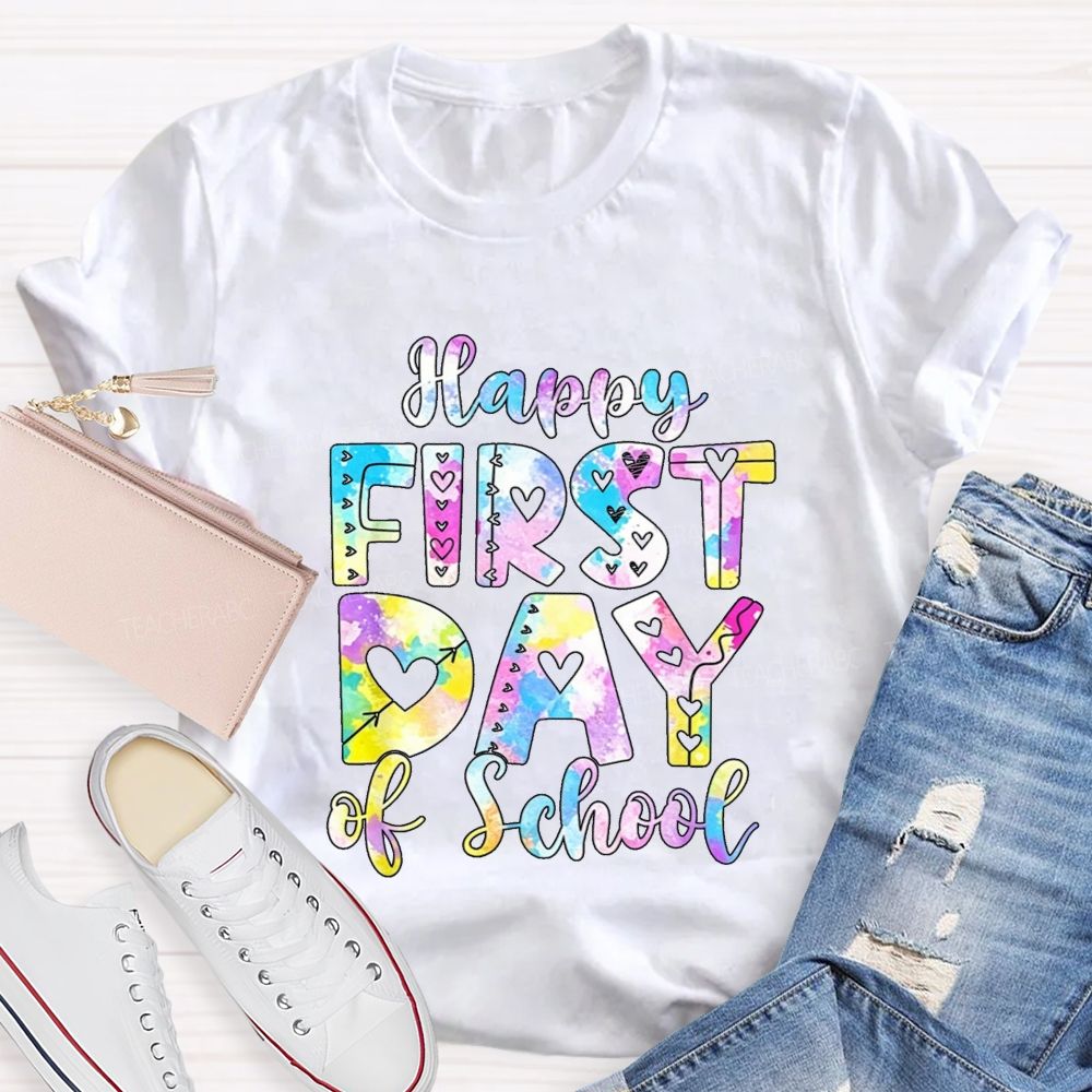 Watercolor Tie Dye Happy First Day Of School Hearts Teacher T-shirt
