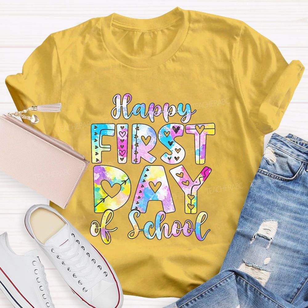 Watercolor Tie Dye Happy First Day Of School Hearts Teacher T-shirt
