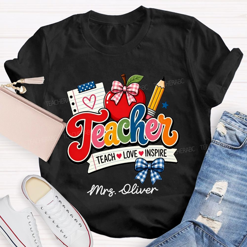 Personalized Name Teach Love Inspire Plaid Bow Apple Pencil Notebook Teacher T-shirt