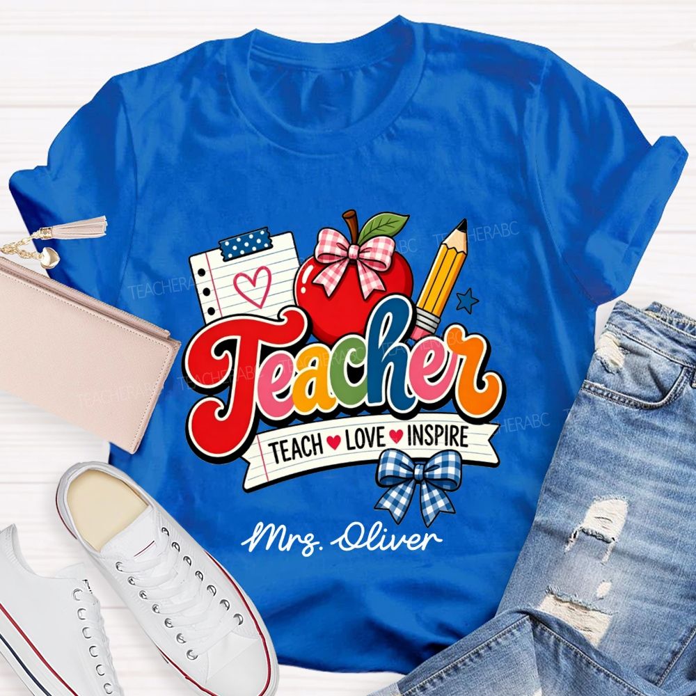 Personalized Name Teach Love Inspire Plaid Bow Apple Pencil Notebook Teacher T-shirt