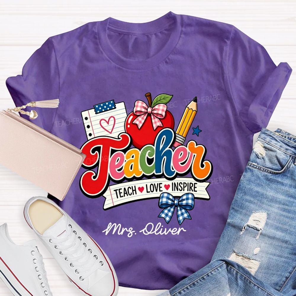 Personalized Name Teach Love Inspire Plaid Bow Apple Pencil Notebook Teacher T-shirt