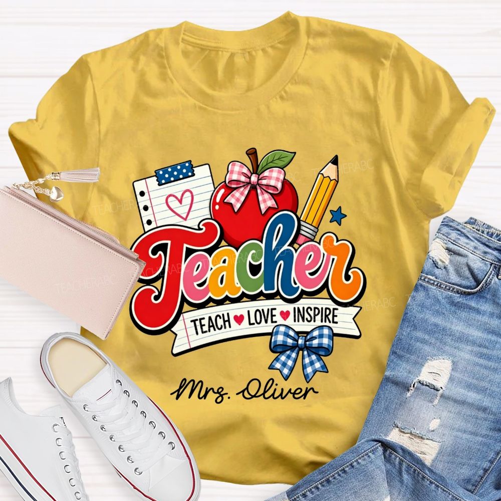 Personalized Name Teach Love Inspire Plaid Bow Apple Pencil Notebook Teacher T-shirt