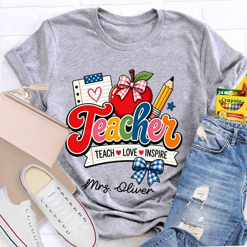 Personalized Name Teach Love Inspire Plaid Bow Apple Pencil Notebook Teacher T-shirt