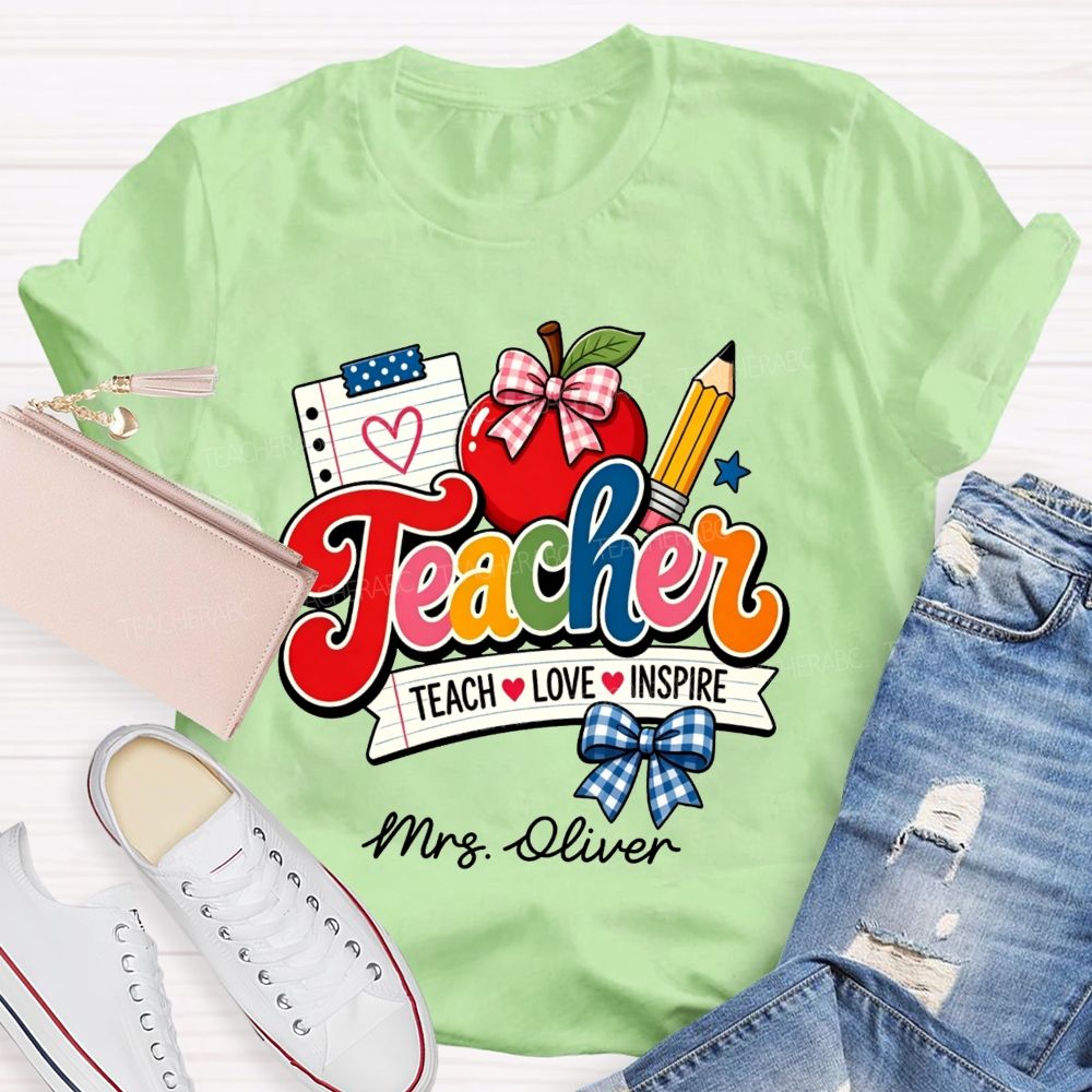 Personalized Name Teach Love Inspire Plaid Bow Apple Pencil Notebook Teacher T-shirt
