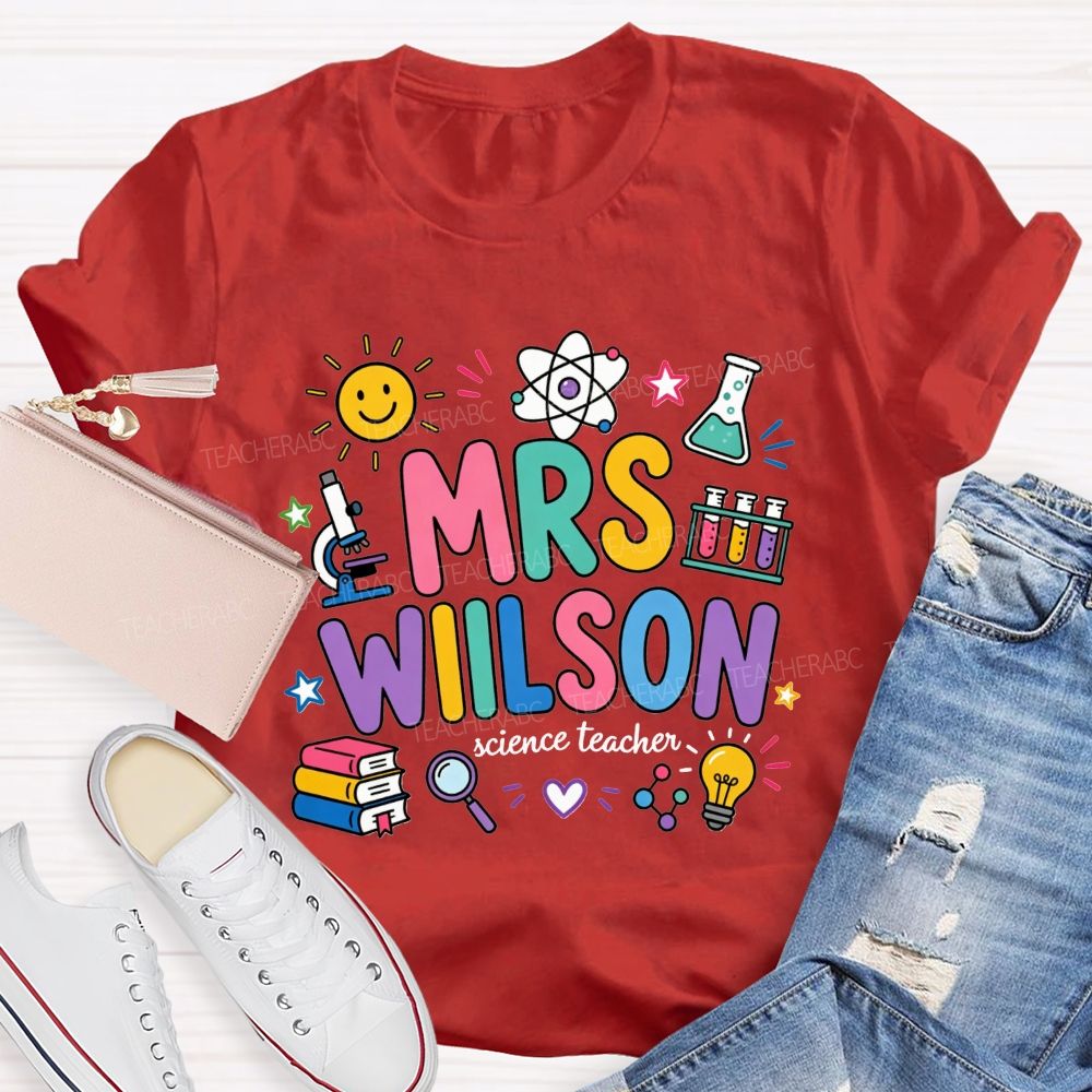 Personalized Name Science Teacher Colorful Doodle Lab Microscope Atom Teacher T-shirt