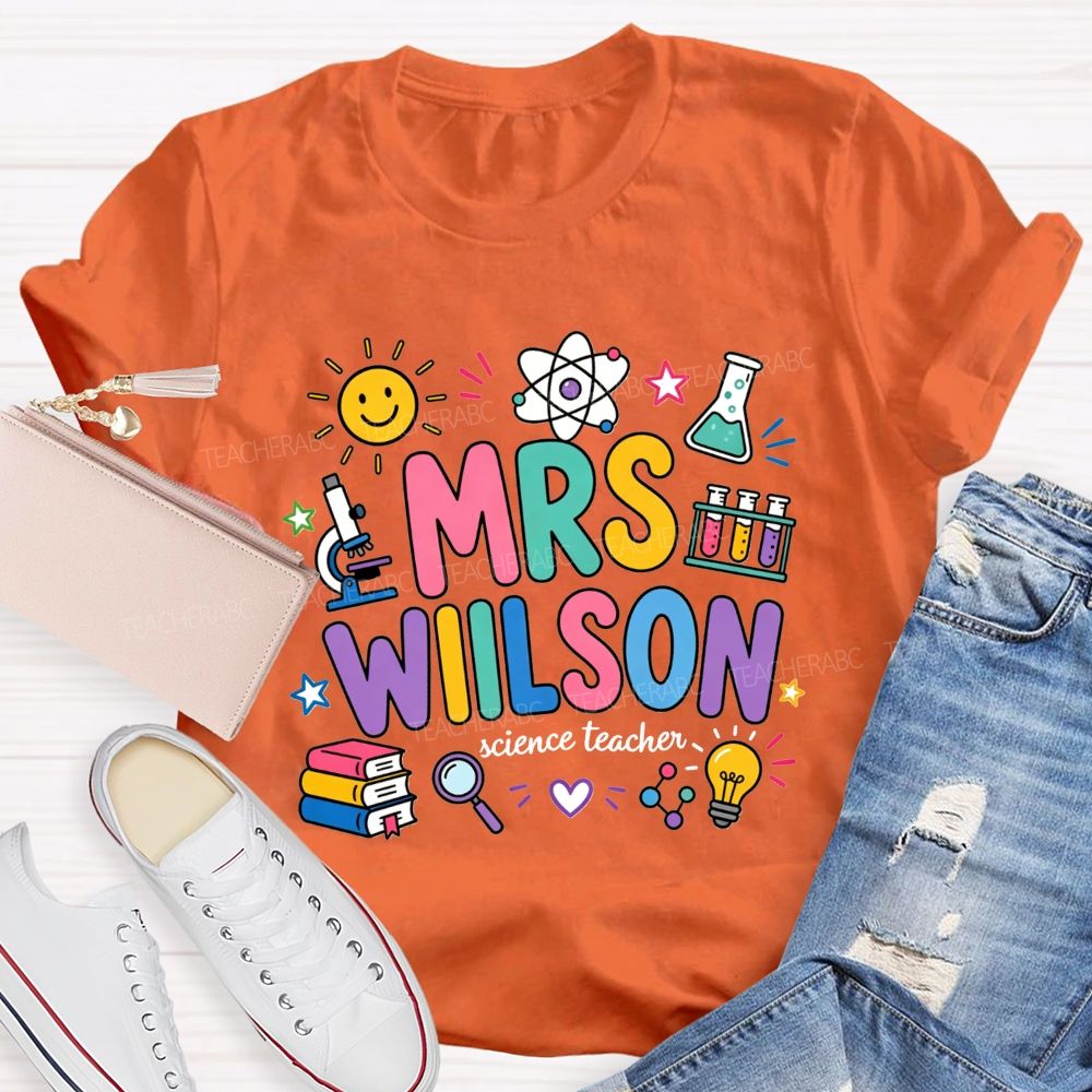 Personalized Name Science Teacher Colorful Doodle Lab Microscope Atom Teacher T-shirt