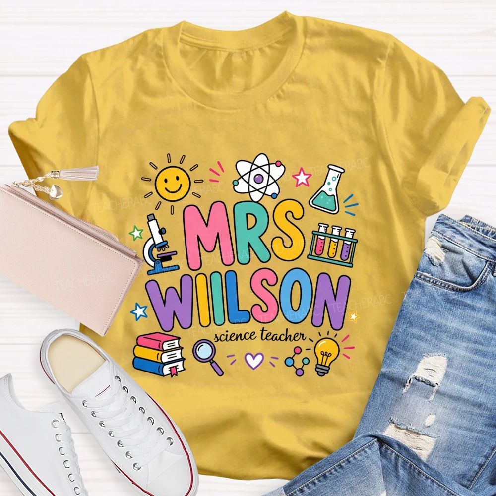 Personalized Name Science Teacher Colorful Doodle Lab Microscope Atom Teacher T-shirt