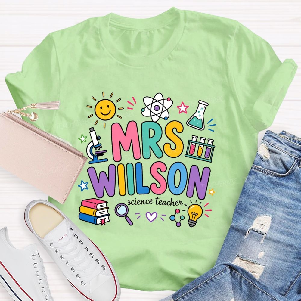 Personalized Name Science Teacher Colorful Doodle Lab Microscope Atom Teacher T-shirt