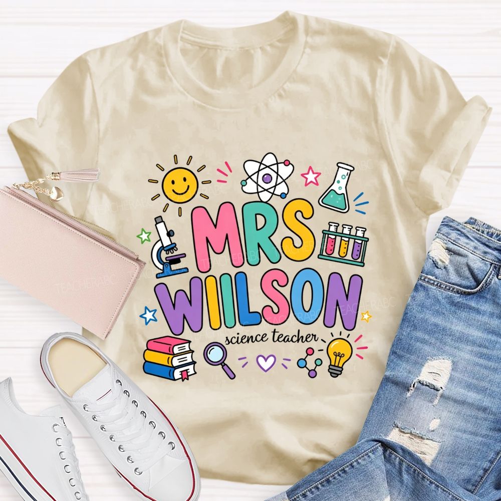 Personalized Name Science Teacher Colorful Doodle Lab Microscope Atom Teacher T-shirt