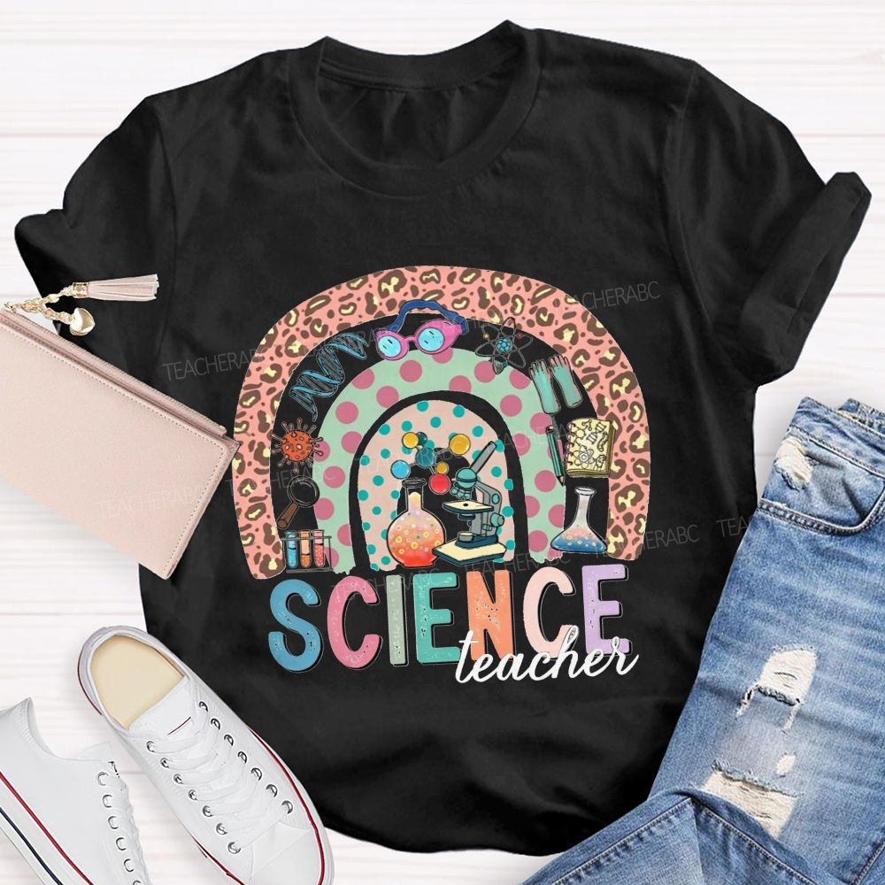 Science Teacher Multicolor Letter Leopard Rainbow Teacher T-shirt