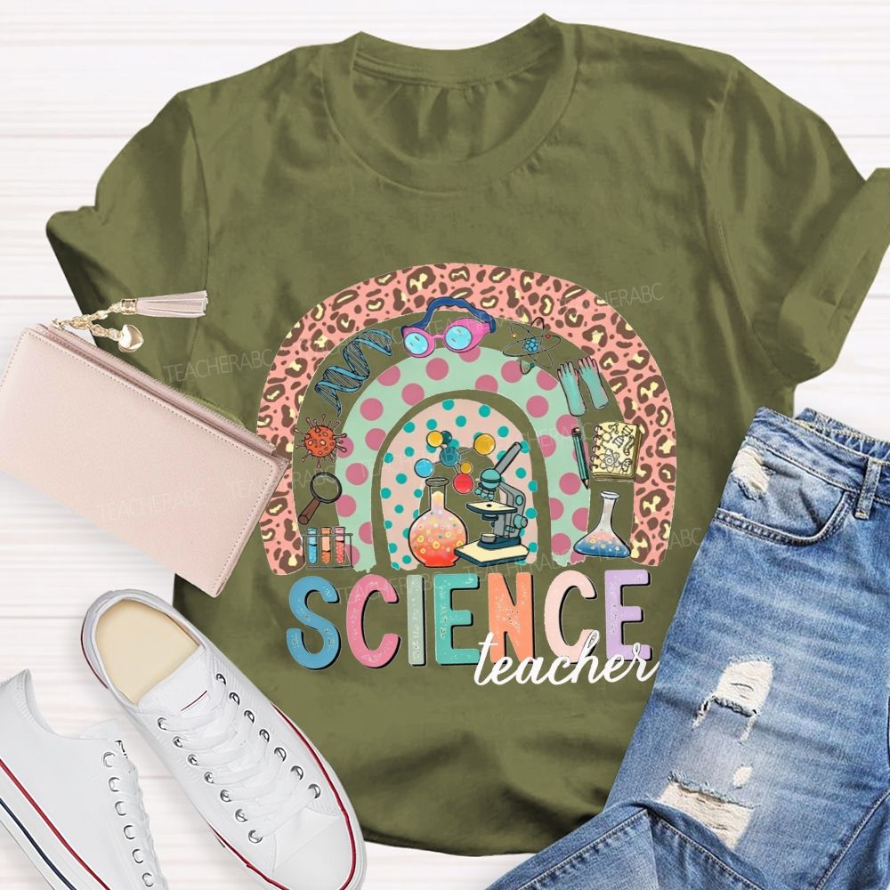 Science Teacher Multicolor Letter Leopard Rainbow Teacher T-shirt