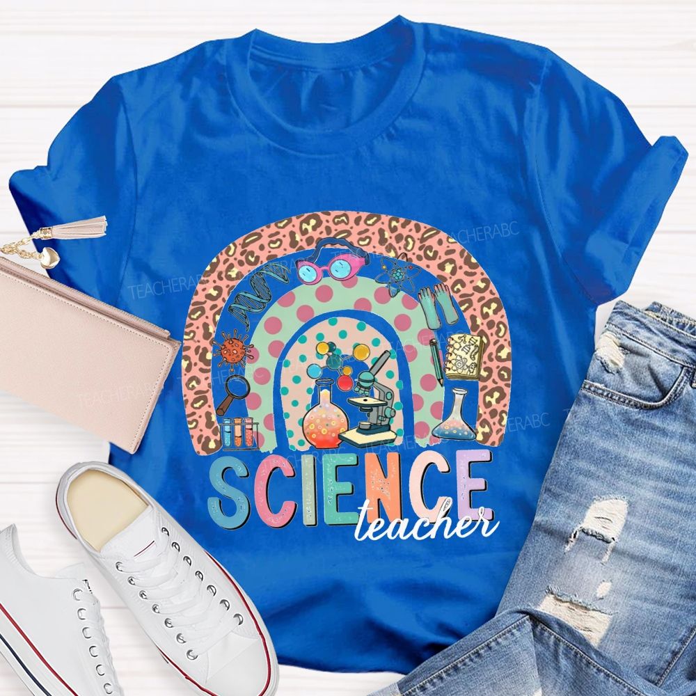 Science Teacher Multicolor Letter Leopard Rainbow Teacher T-shirt