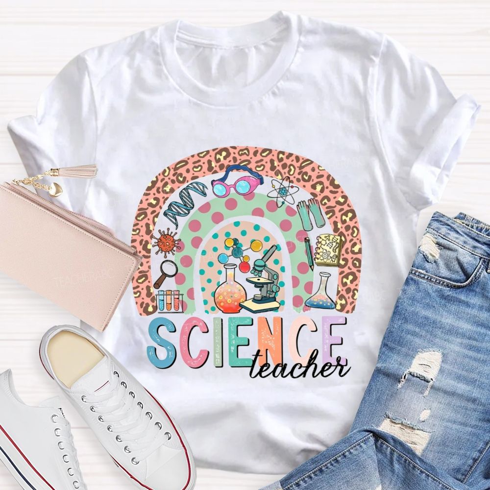 Science Teacher Multicolor Letter Leopard Rainbow Teacher T-shirt
