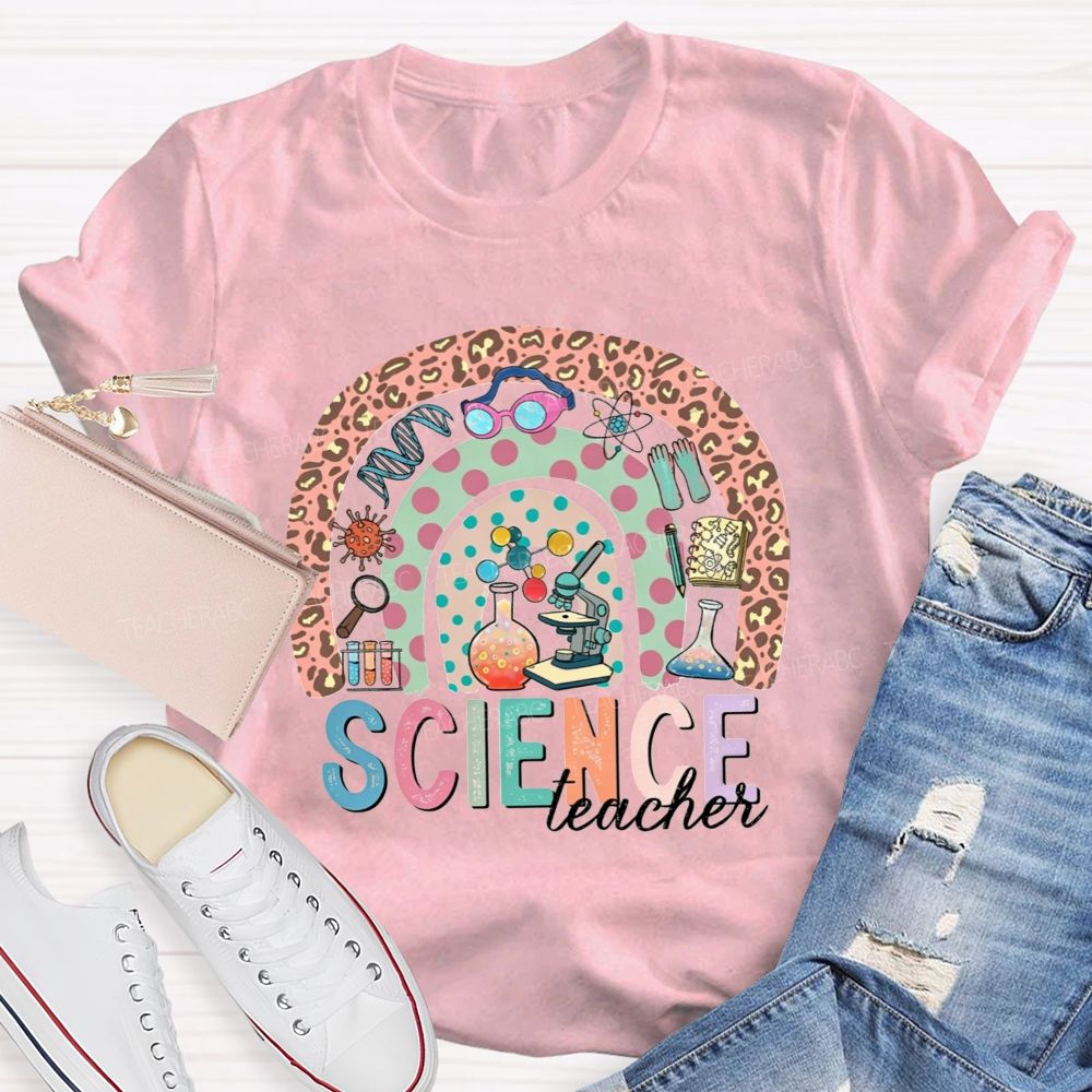 Science Teacher Multicolor Letter Leopard Rainbow Teacher T-shirt