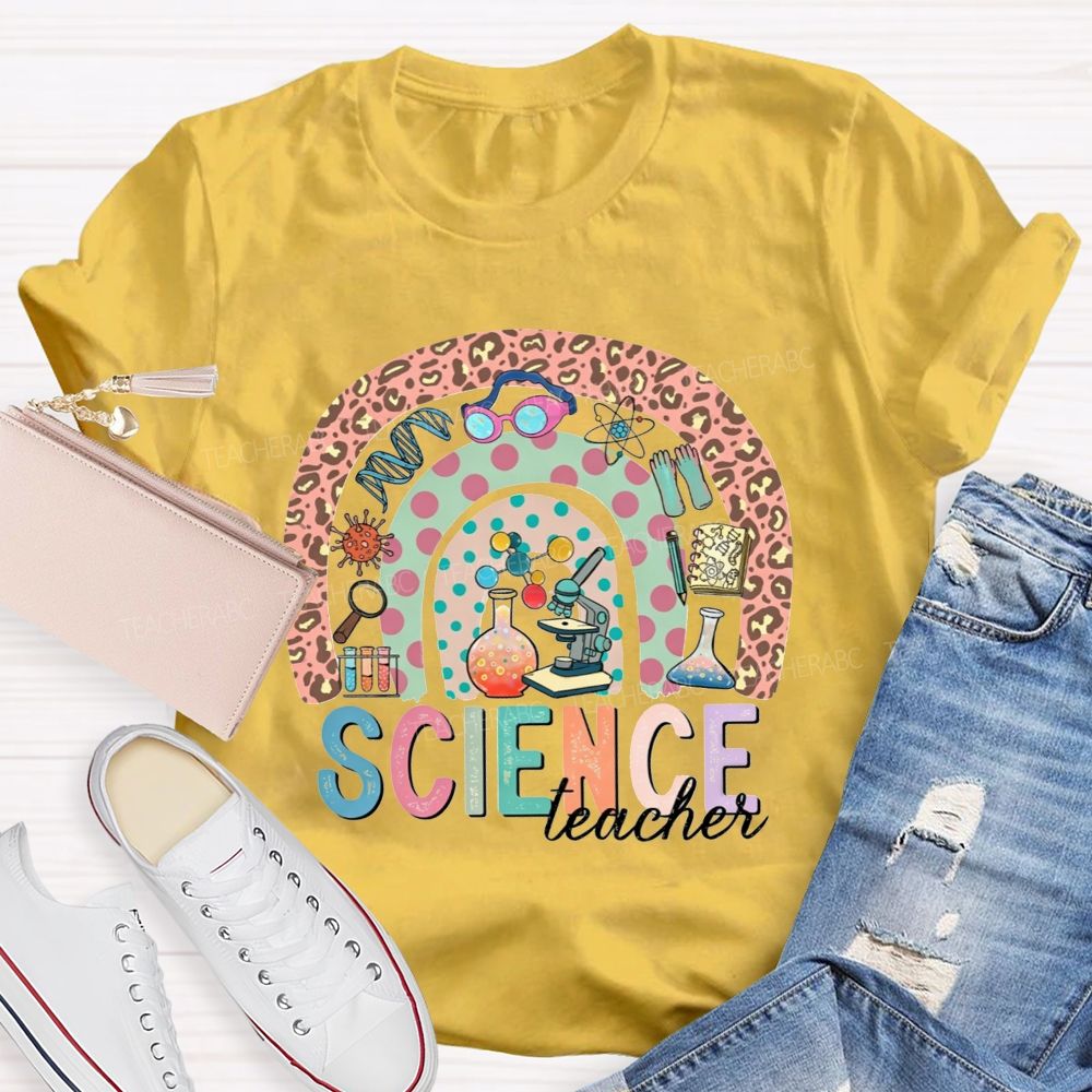 Science Teacher Multicolor Letter Leopard Rainbow Teacher T-shirt