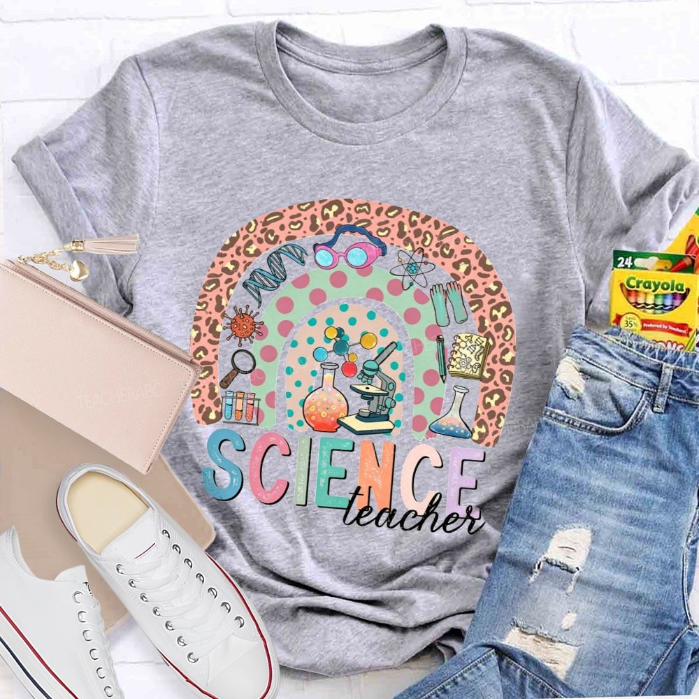 Science Teacher Multicolor Letter Leopard Rainbow Teacher T-shirt